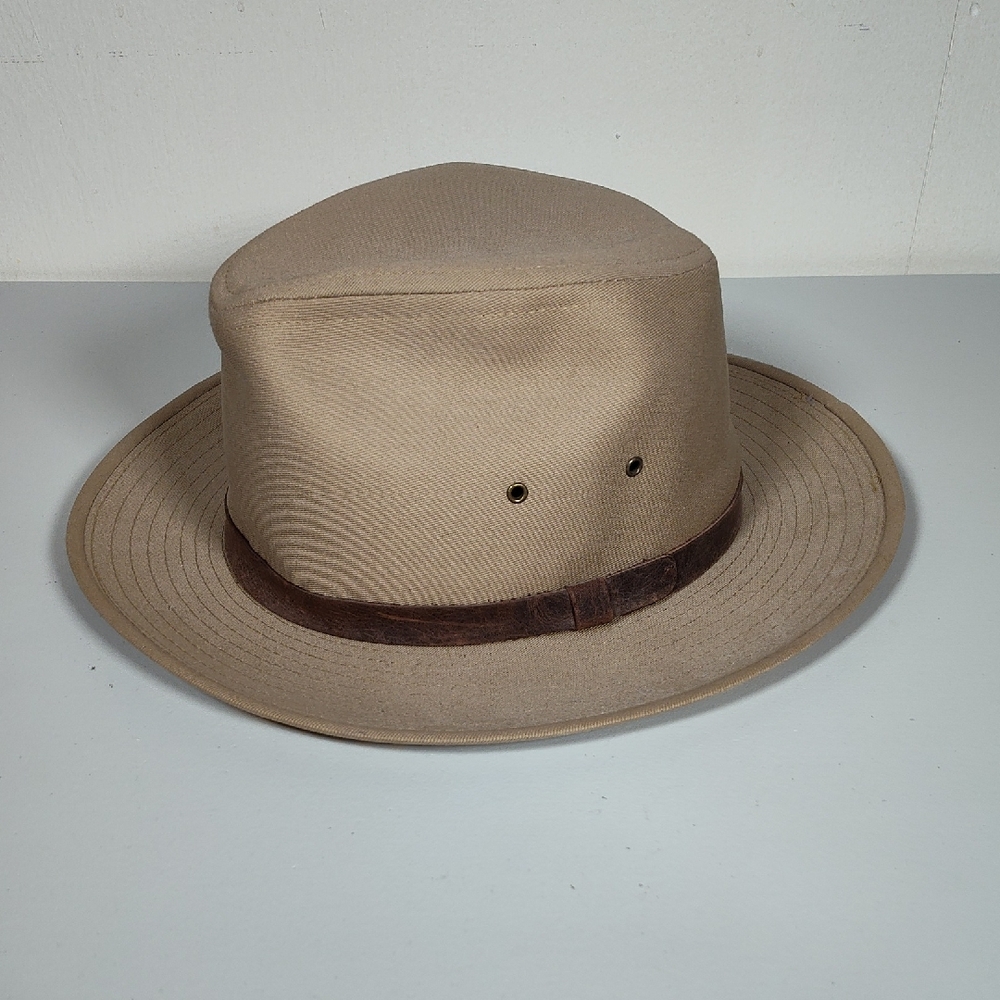 Tan safari fedora hat with brown leather band size L